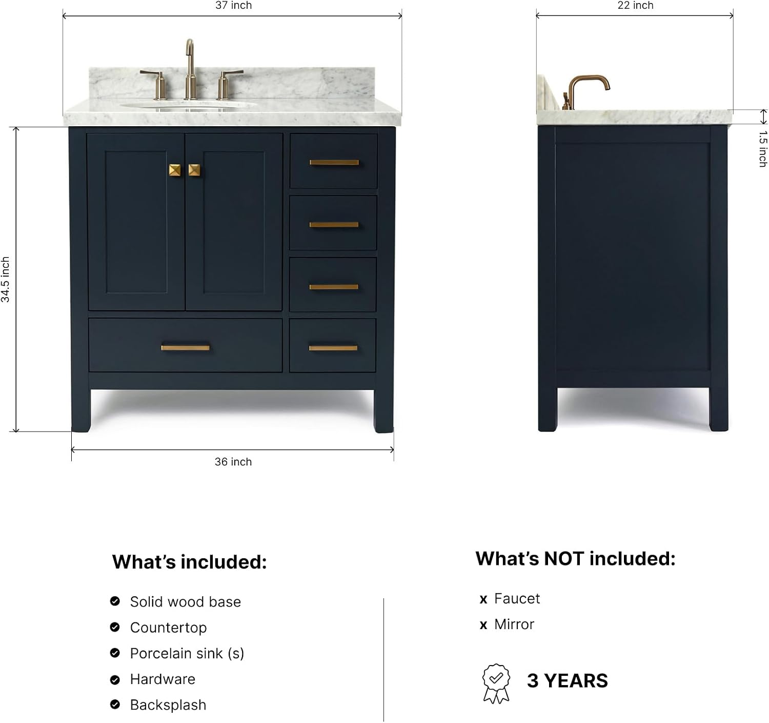 DKB Beckford 36' Midnight Blue Bathroom Vanity with Sink, Carrara White Marble Countertop, Oval Undermount Sink, Offset, 2 Soft Closing Doors, 5 Dovetail Drawers