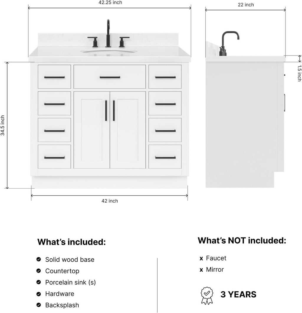 DKB Isabella 42-Inch White Bathroom Vanity with Sink, 1.5-Inch Edge Carrara Quartz Countertop, Solid Wood Frame, Oval Sink, 2 Soft Closing Doors, 9 Dovetail Drawers, Toe Kick