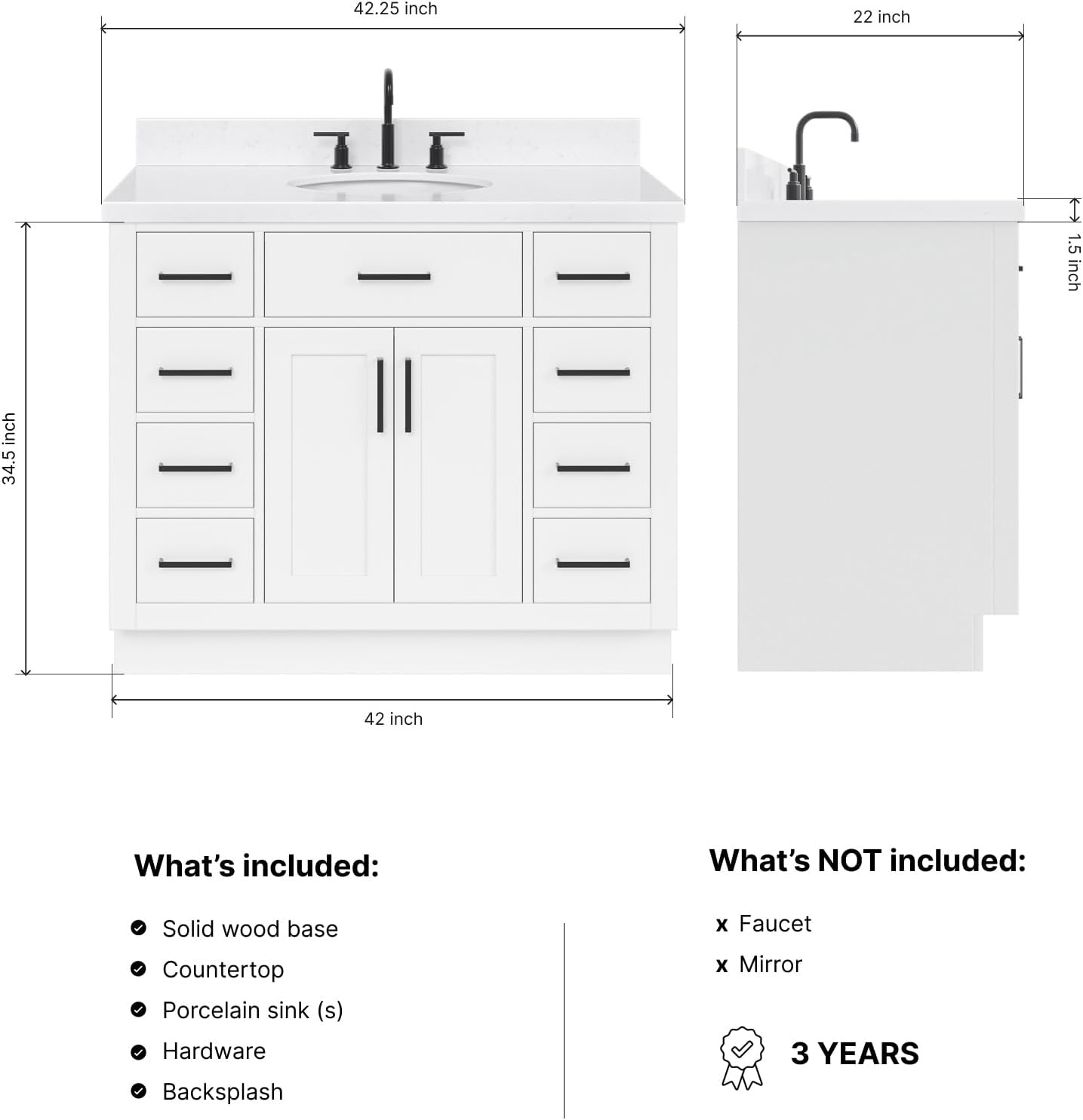 DKB Isabella 42-Inch White Bathroom Vanity with Sink, 1.5-Inch Edge Carrara Quartz Countertop, Solid Wood Frame, Oval Sink, 2 Soft Closing Doors, 9 Dovetail Drawers, Toe Kick