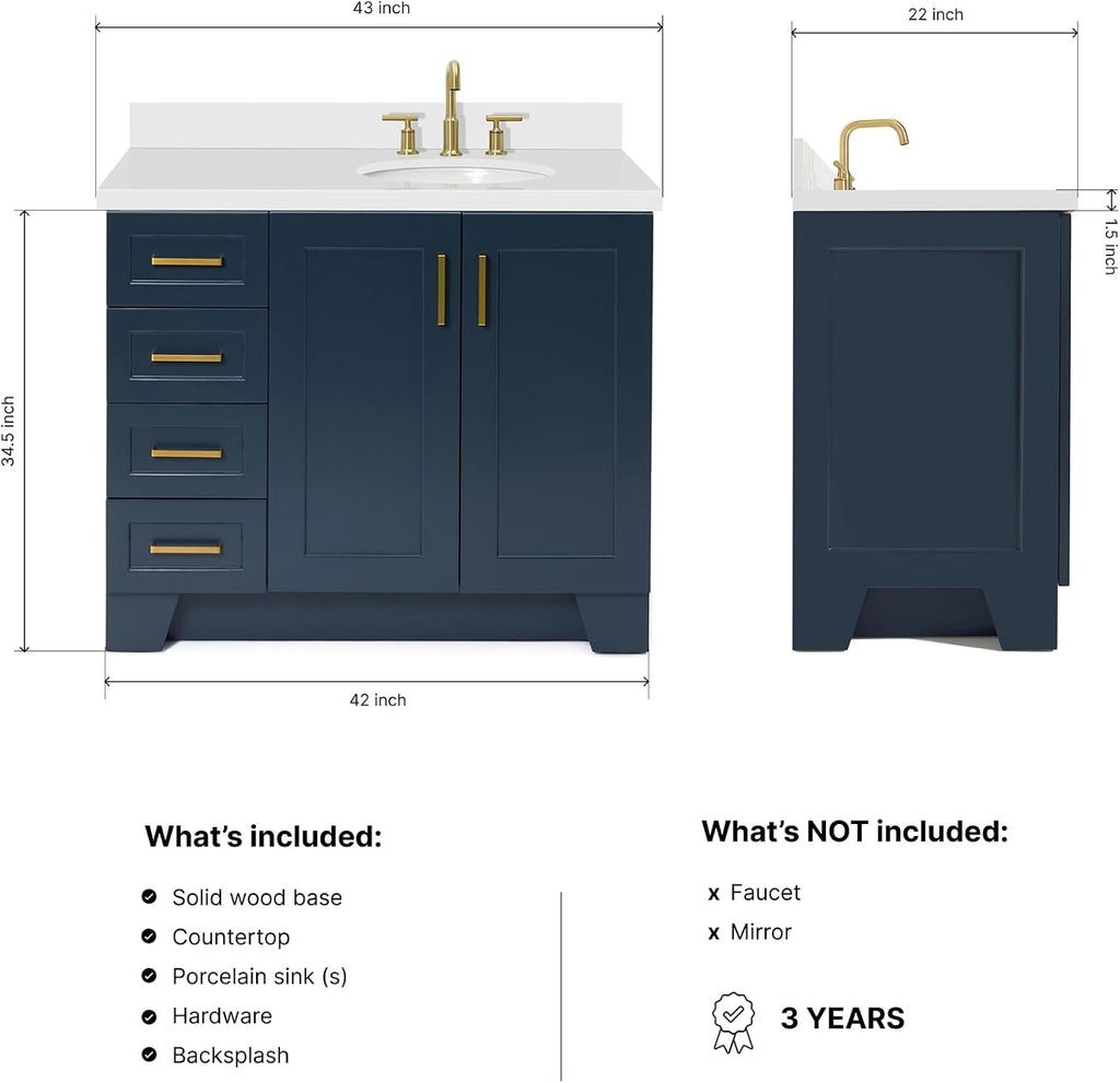 ARIEL Taylor 42-inch Bathroom Vanity with Sink,Solid Wood, 1.5-inch Pure White Quartz Countertop & Backsplash, Single Oval Porcelain Sink, 2 Soft Closing Doors, 5 Dovetail Drawers, Midnight Blue