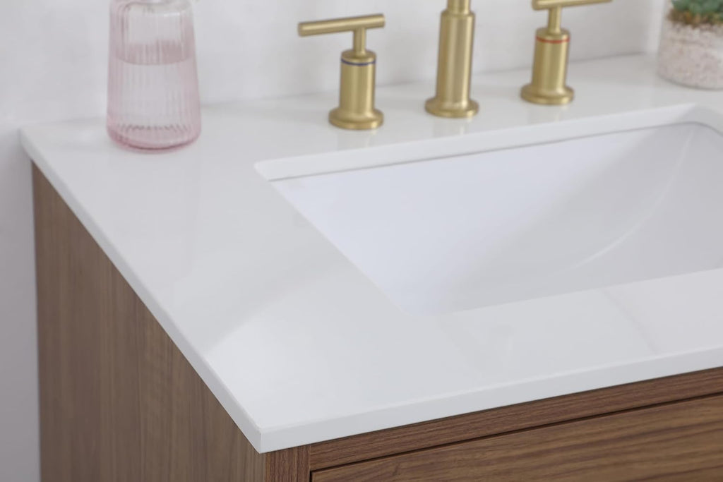 30' Pre-Assembled Bathroom Vanity with Sink, Engineered Wood, Ivory White Engineered Marble Countertop Attached, Single Rectangle Porcelain Sink, 2 Soft-Close Drawers, Walnut Brown