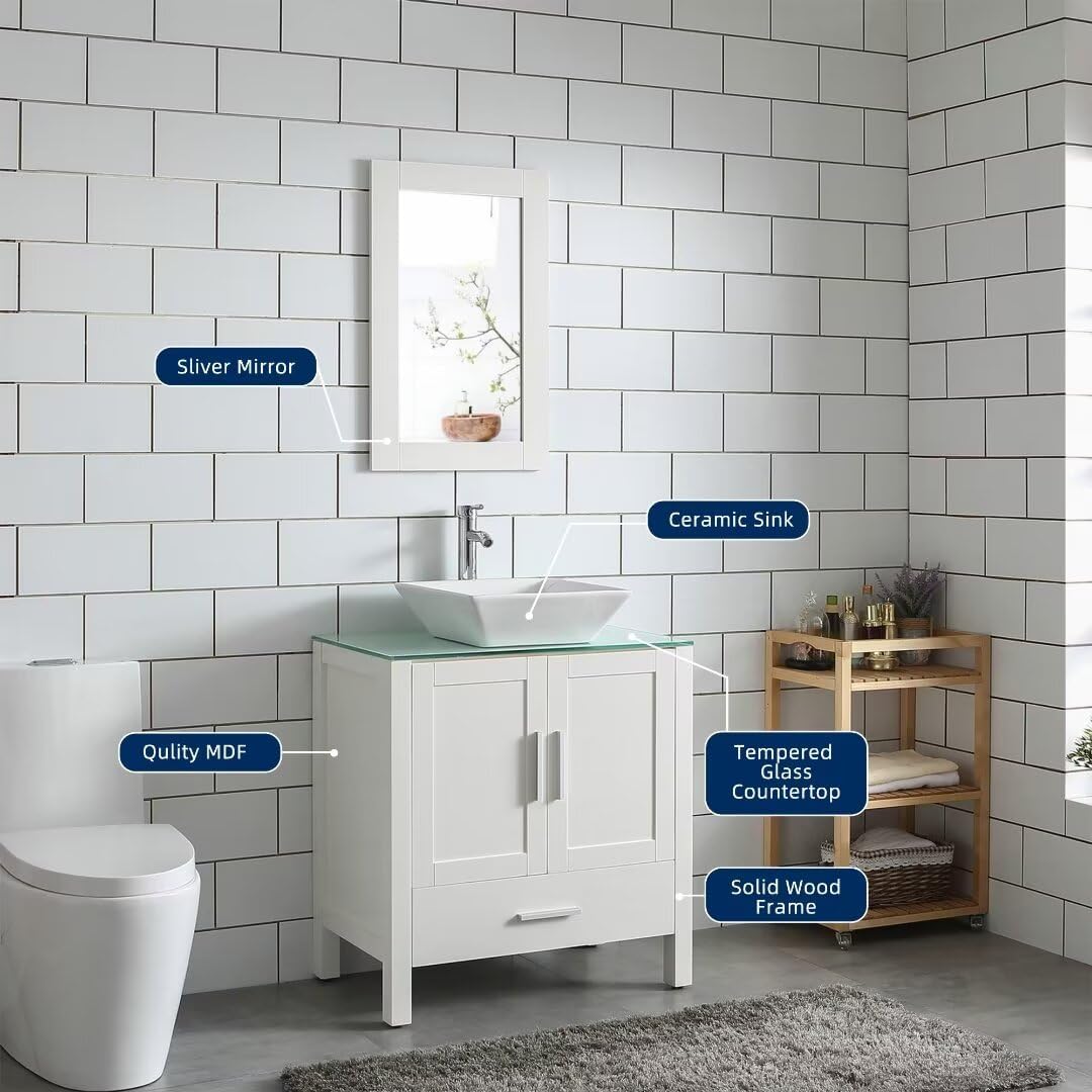 White 30' Bathroom Vanity Sink Combo Wood Bathroom Cabinet Glass Top w/Mirror Faucet & Drain Set
