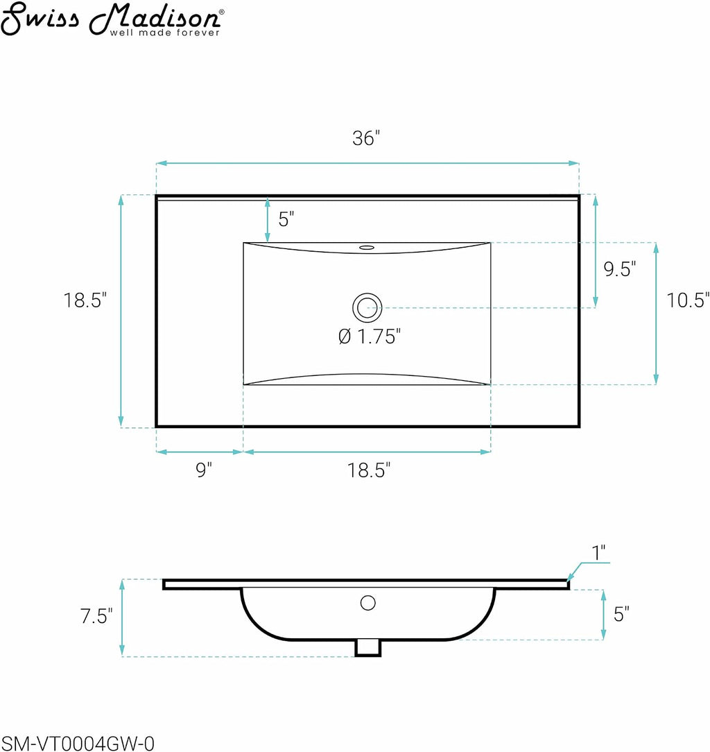 36' Zero Hole Vanity Sink Top in Glossy White
