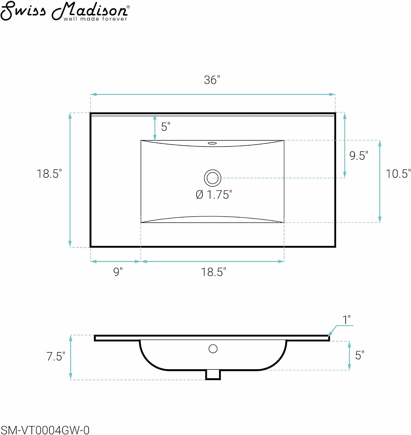 36' Zero Hole Vanity Sink Top in Glossy White