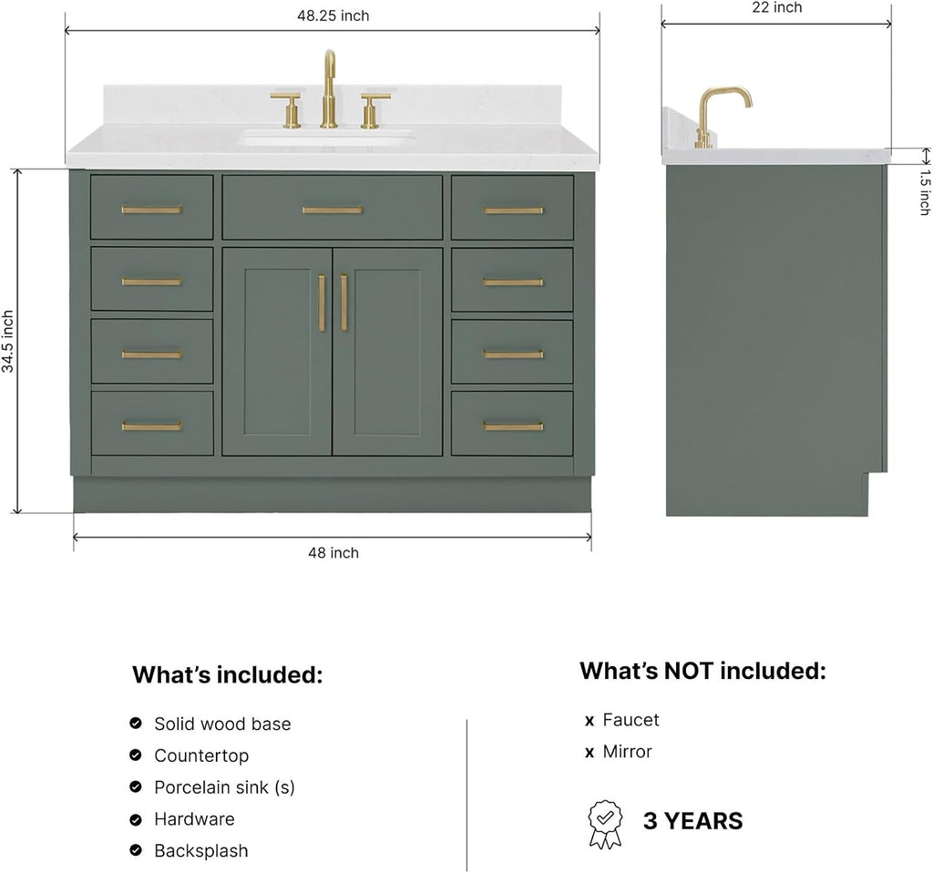 ARIEL Hepburn 48-inch Bathroom Vanity with Sink,Solid Wood, 1.5-inch Carrara White Quartz Countertop, Single Rectangular Porcelain Sink, 2 Soft Closing Doors, 9 Dovetail Drawers, Vintage Green