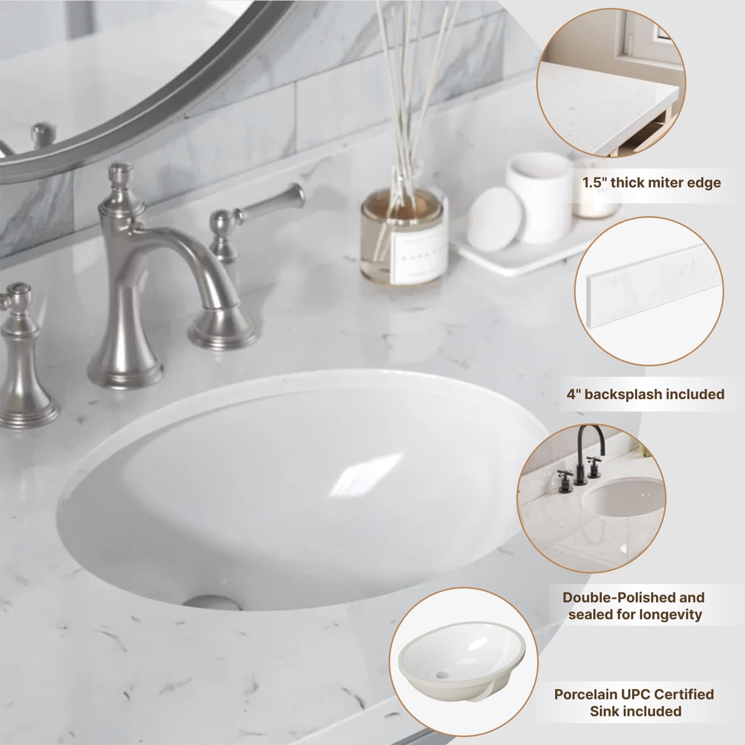 DKB Beckford 42-Inch Oak Single Bathroom Vanity with Sink, Carrara White Quartz Countertop & 1.5' Miter Edge, 4' Backsplash, Soft Closing Door & Drawer, Matte Black Hardware