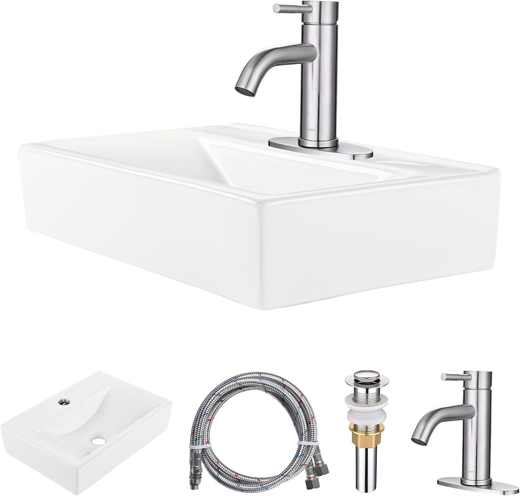 Aquaterior Porcelain Bathroom Vessel Sink 18'x12' with Brushed Nickel Single Handle Bathroom Faucet Pop-up Drain Combo Rectangle Above Counter Vanity Basin Minimalist Modern