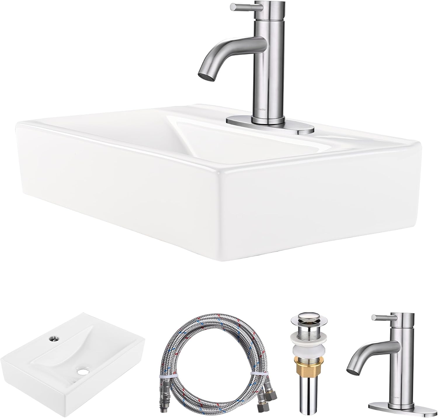Aquaterior Porcelain Bathroom Vessel Sink 18'x12' with Brushed Nickel Single Handle Bathroom Faucet Pop-up Drain Combo Rectangle Above Counter Vanity Basin Minimalist Modern