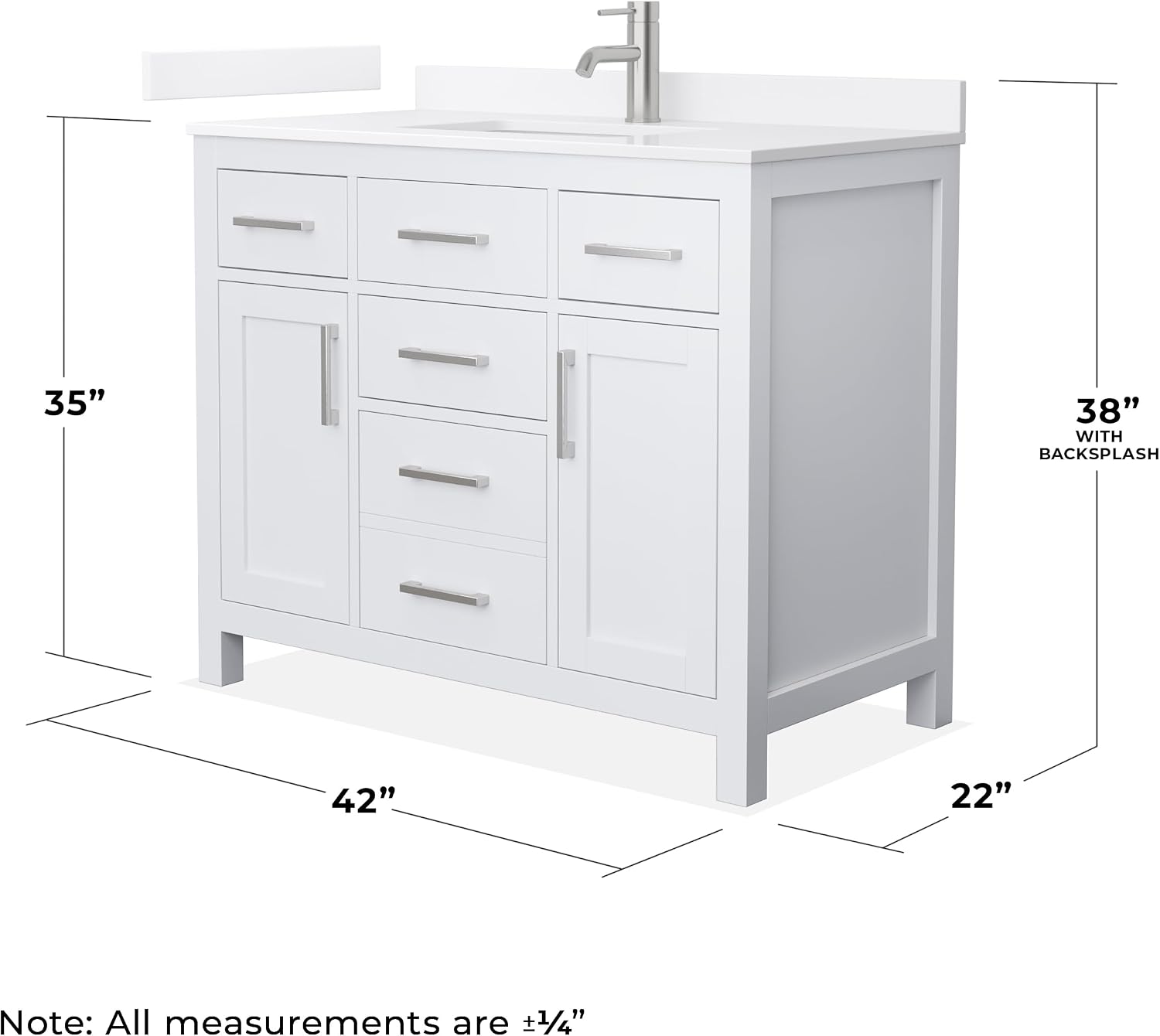 Wyndham Collection Beckett 42 Inch Single Bathroom Vanity in White, White Quartz Countertop, Undermount Square Sink (1-Hole), Brushed Nickel Trim