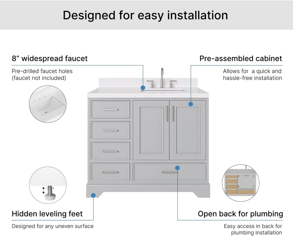 DKB Langford 42-inch Grey Bathroom Vanity with Right Rectangle Single Sink, Carrara White Quartz Countertop & Backsplash, Solid Wood Frame, Soft-Closing & Dovetail Drawers