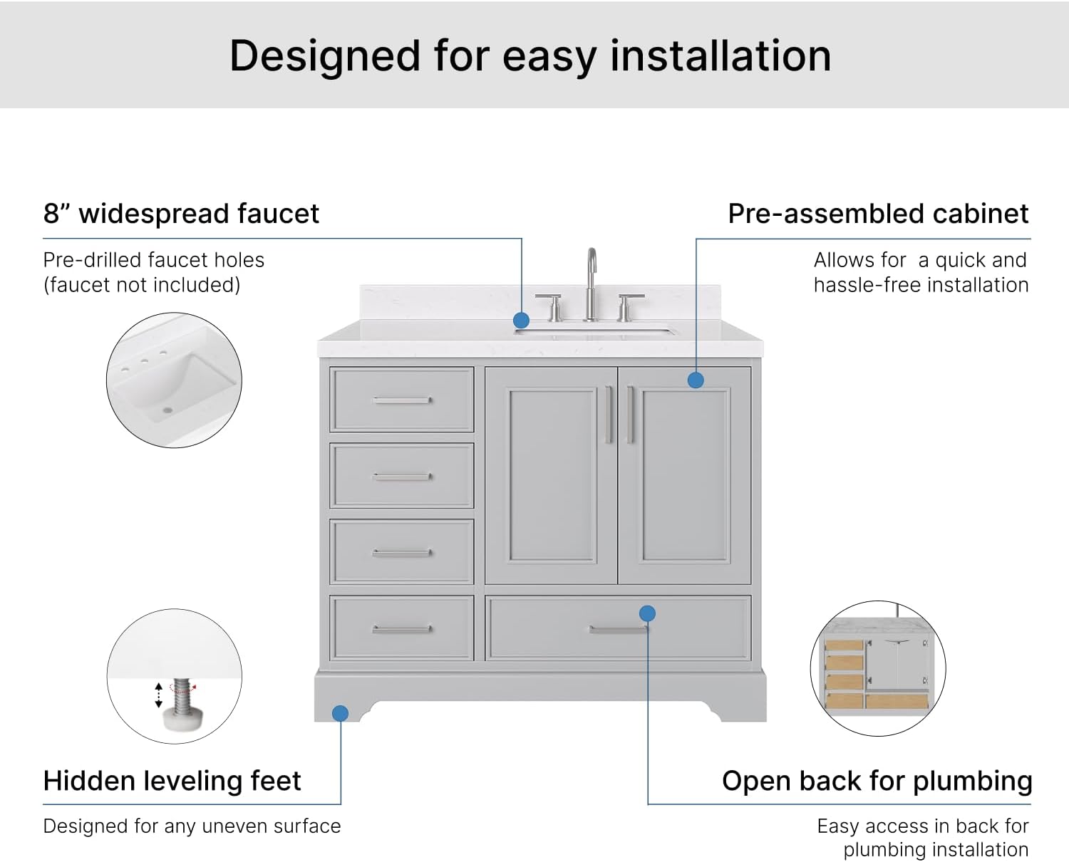 DKB Langford 42-inch Grey Bathroom Vanity with Right Rectangle Single Sink, Carrara White Quartz Countertop & Backsplash, Solid Wood Frame, Soft-Closing & Dovetail Drawers