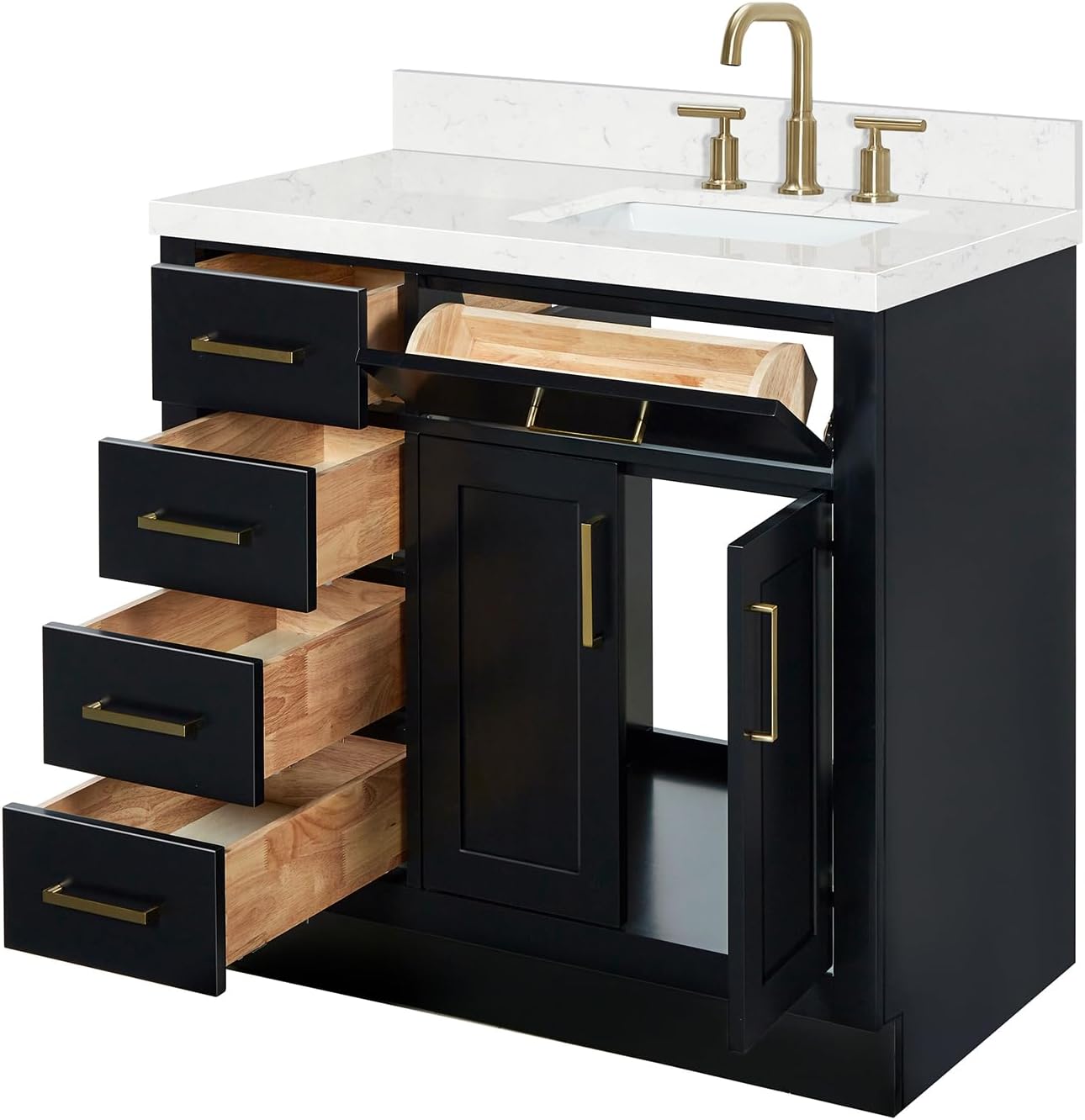 ARIEL Hepburn 36-inch Bathroom Vanity with Sink,Solid Wood, 1.5-inch Carrara White Quartz Countertop & Backsplash, Single Rectangular Porcelain Sink, 2 Soft Closing Doors, 5 Dovetail Drawers, Black