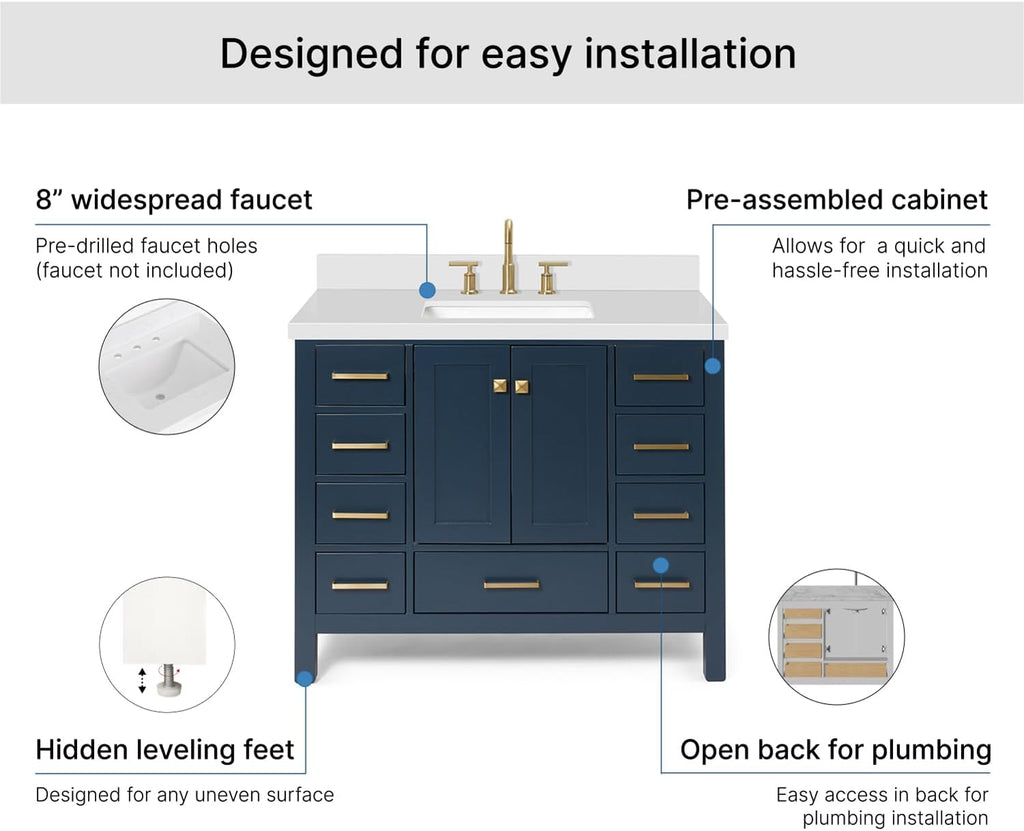 ARIEL Cambridge 42-inch Bathroom Vanity with Sink,Solid Wood, 1.5-inch Pure White Quartz Countertop, Single Rectangular Porcelain Sink, 2 Soft Closing Doors, 9 Dovetail Drawers, Midnight Blue