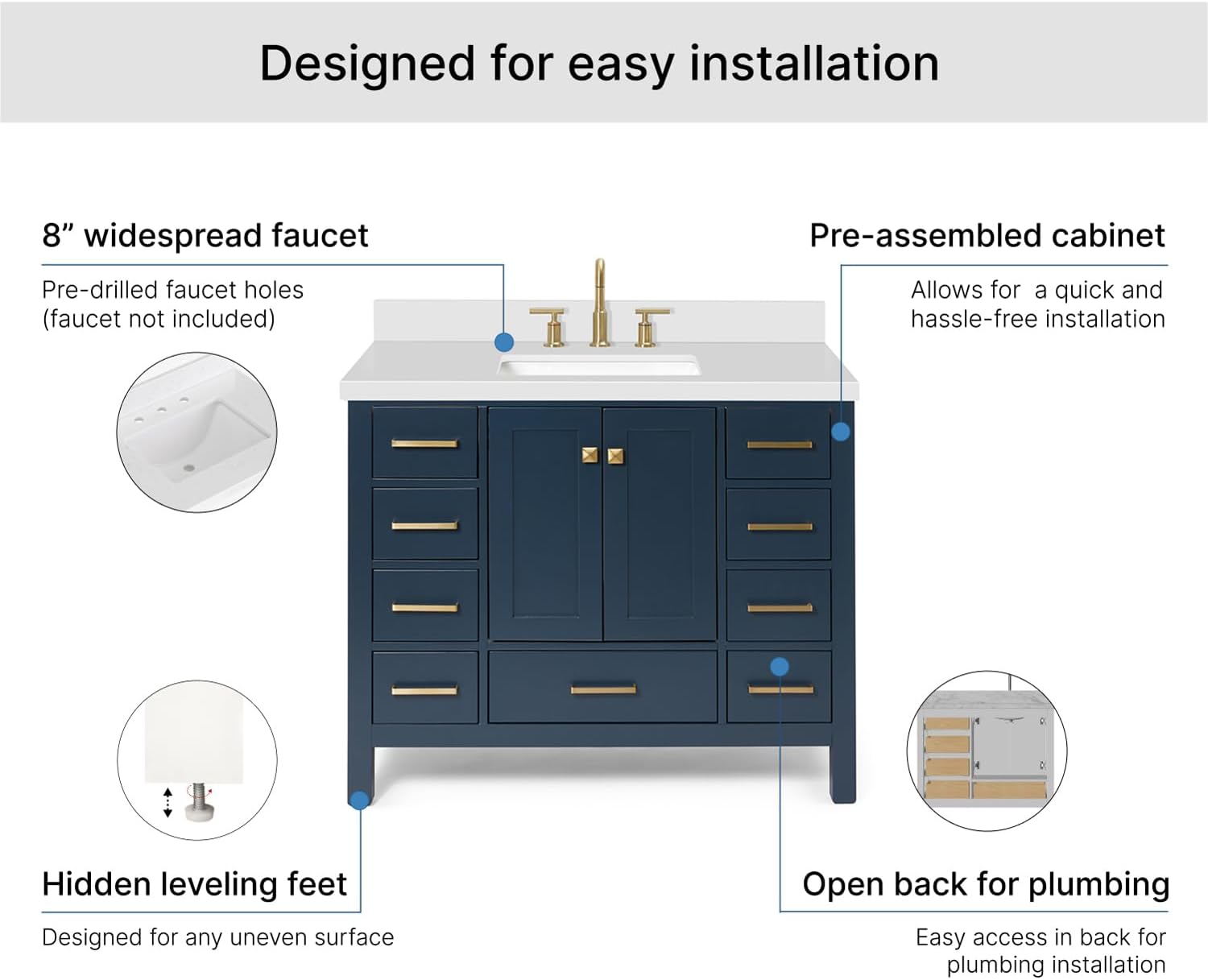 ARIEL Cambridge 42-inch Bathroom Vanity with Sink,Solid Wood, 1.5-inch Pure White Quartz Countertop, Single Rectangular Porcelain Sink, 2 Soft Closing Doors, 9 Dovetail Drawers, Midnight Blue