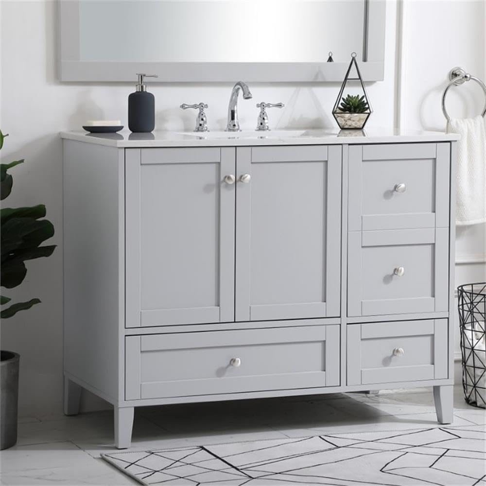 Pemberly Row 42' Traditional Bathroom Vanity, Gray Finish, Quartz Top with Porcelain Undermount Sink, MDF and Rubberwood Construction, Brushed Nickel Hardware, Freestanding Design for Bathroom Use