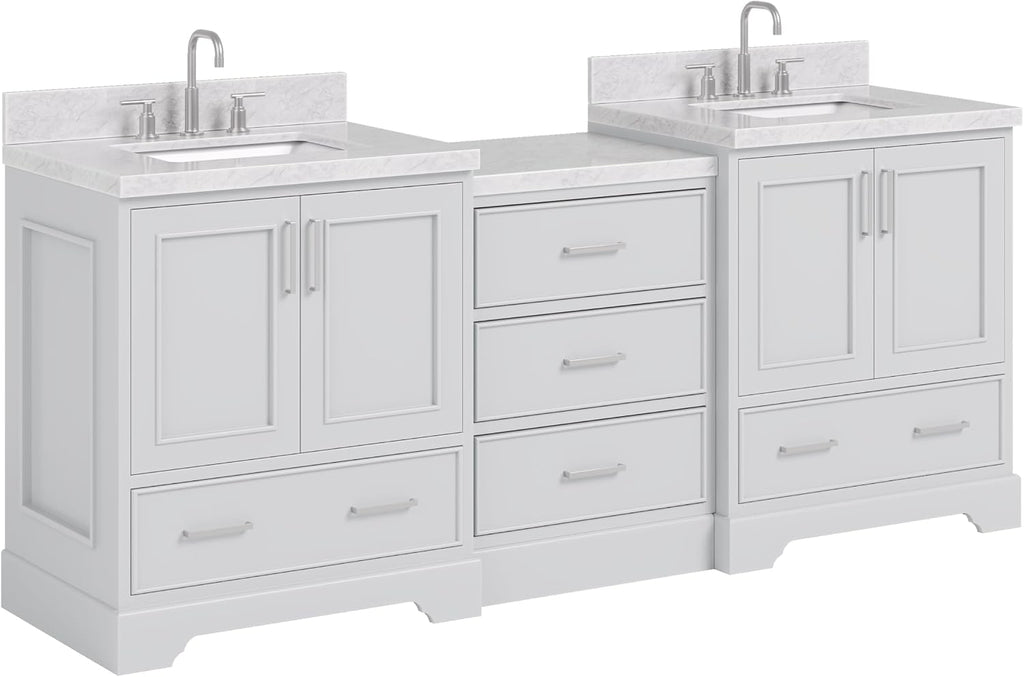 ARIEL Stafford 84-inch Bathroom Vanity with Sink,Solid Wood, 1.5in Italian Carrara Marble Countertop & Backsplash, Double Rectangular Porcelain Sink, 4 Soft Closing Doors, 5 Dovetail Drawers, Grey