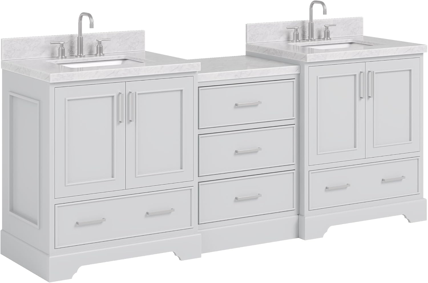 ARIEL Stafford 84-inch Bathroom Vanity with Sink,Solid Wood, 1.5in Italian Carrara Marble Countertop & Backsplash, Double Rectangular Porcelain Sink, 4 Soft Closing Doors, 5 Dovetail Drawers, Grey