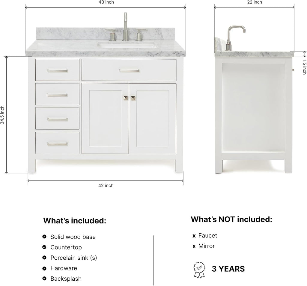 DKB Alenza 42-Inch White Single Bathroom Vanity with Sink, Italian Carrara Marble Countertop, Right Rectangular Undermount Sink, 2 Soft-Closing Doors, 4 Dovetail Drawers, Chrome Hardware