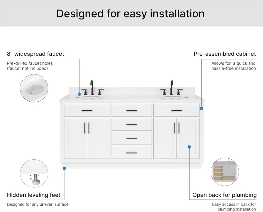 ARIEL Hepburn 72-inch Bathroom Vanity with Sink,Solid Wood, 1.5-inch Carrara White Quartz Countertop & Backsplash, Double Oval Porcelain Sink, 4 Soft Closing Doors, 6 Dovetail Drawers, White
