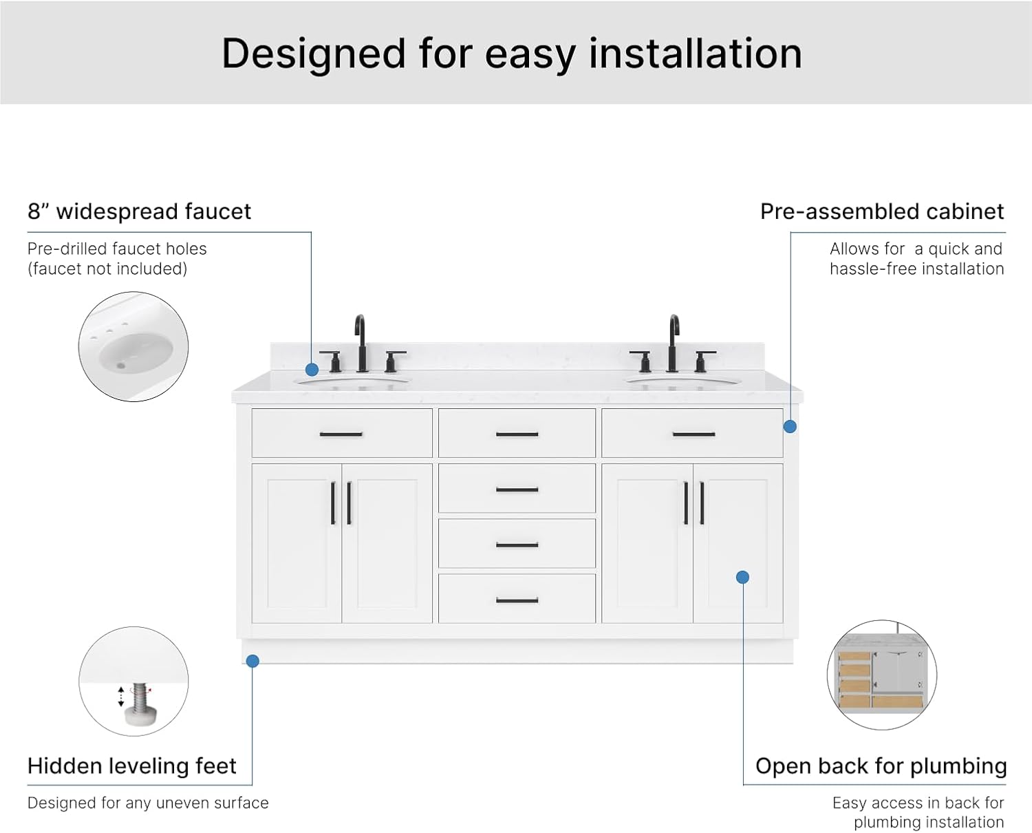 ARIEL Hepburn 72-inch Bathroom Vanity with Sink,Solid Wood, 1.5-inch Carrara White Quartz Countertop & Backsplash, Double Oval Porcelain Sink, 4 Soft Closing Doors, 6 Dovetail Drawers, White