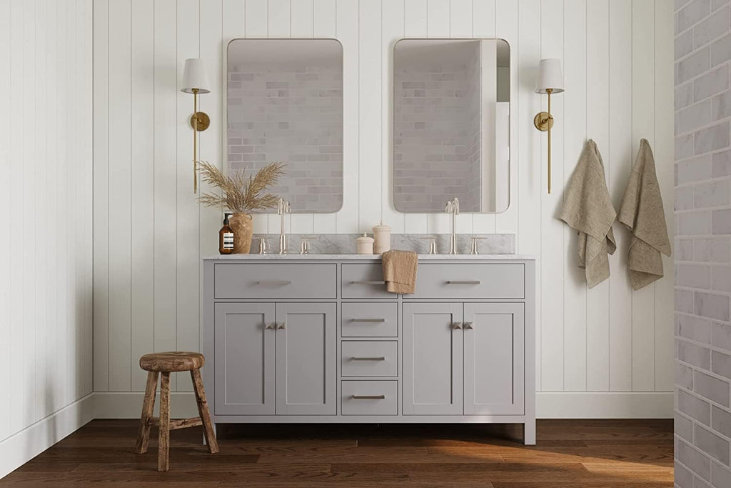 ARIEL Bristol 60-inch Bathroom Vanity with Sink,Solid Wood, 1.5-inch Italian Carrara Marble Countertop, Double Oval Porcelain Sink, Soft Closing Doors, Dovetail Drawers, Grey