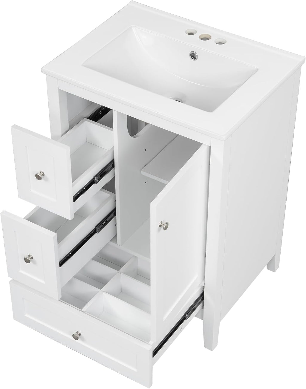 Harper & Bright Designs Glossy White Bathroom Vanity with Ceramic Sink,24 Inch Bathroom Sink Cabinet with 3 Storage Drawers,Adjustable Shelves and Door,Wooden Frame