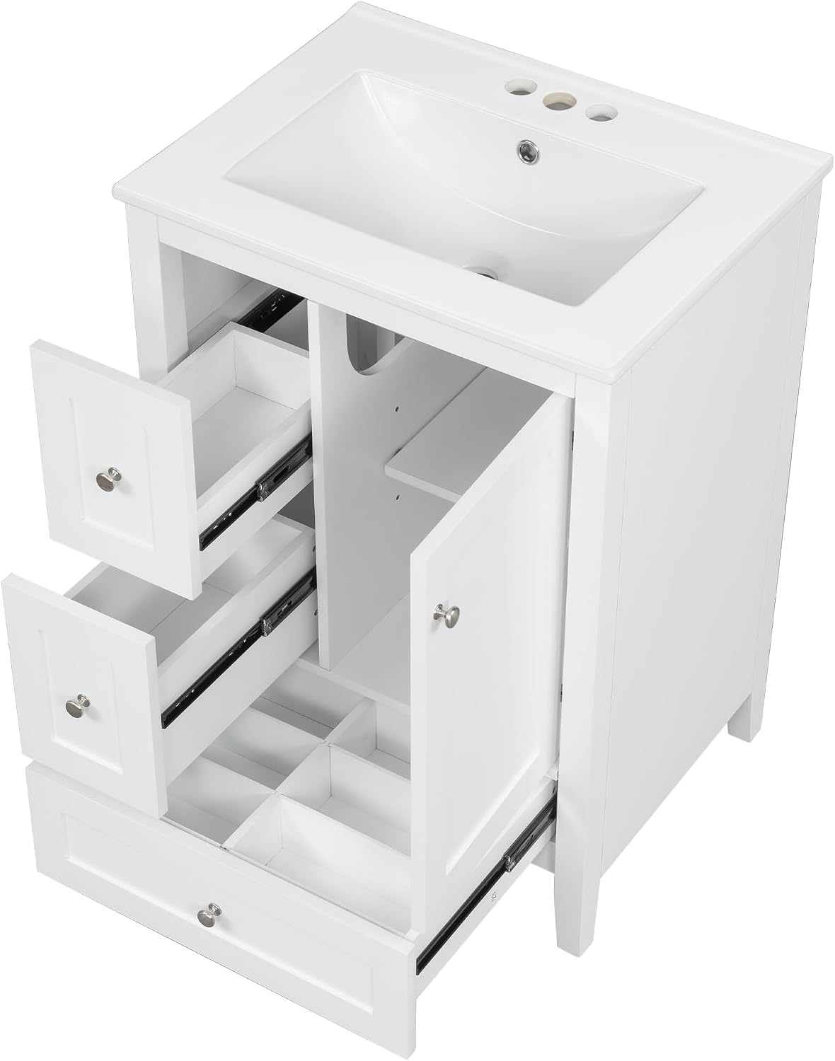 Harper & Bright Designs Glossy White Bathroom Vanity with Ceramic Sink,24 Inch Bathroom Sink Cabinet with 3 Storage Drawers,Adjustable Shelves and Door,Wooden Frame