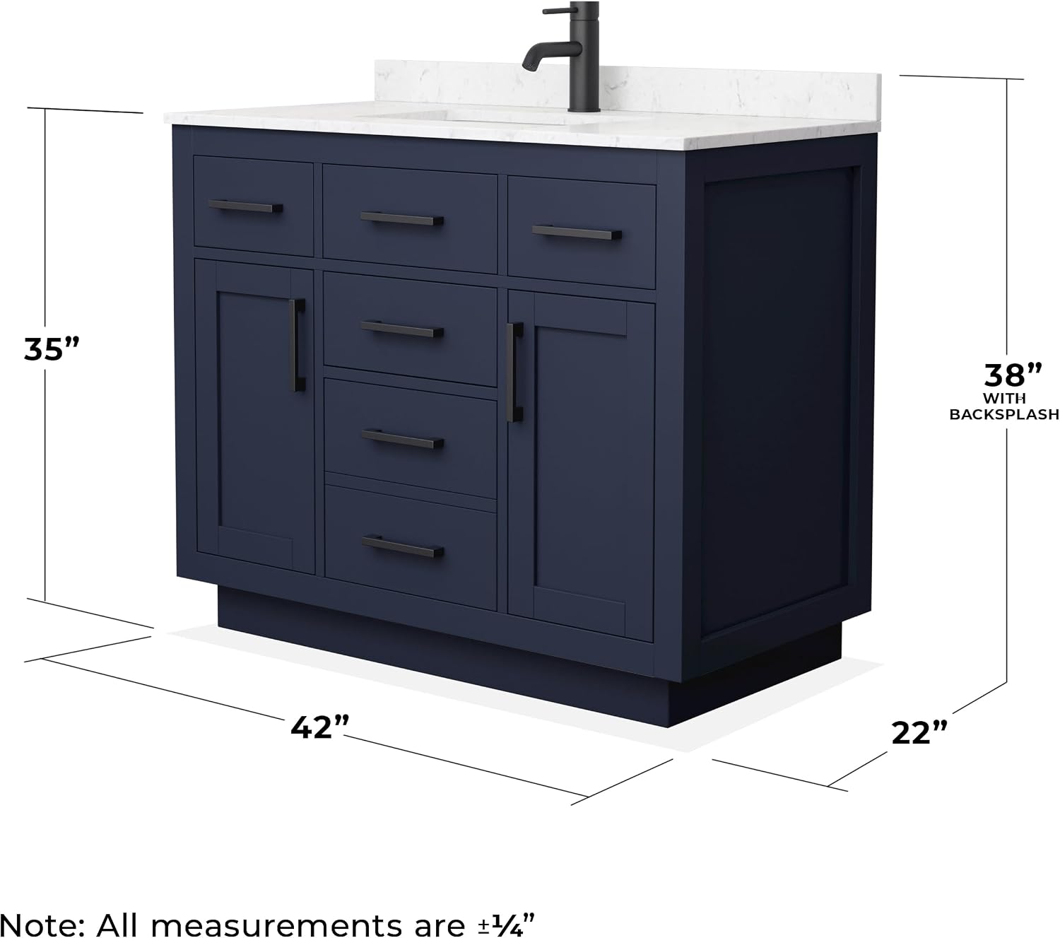 Wyndham Collection Beckett 42 Inch Single Bathroom Vanity with Toe Kick in Dark Blue, Carrara Cultured Marble Countertop, Undermount Square Sink, Matte Black Trim
