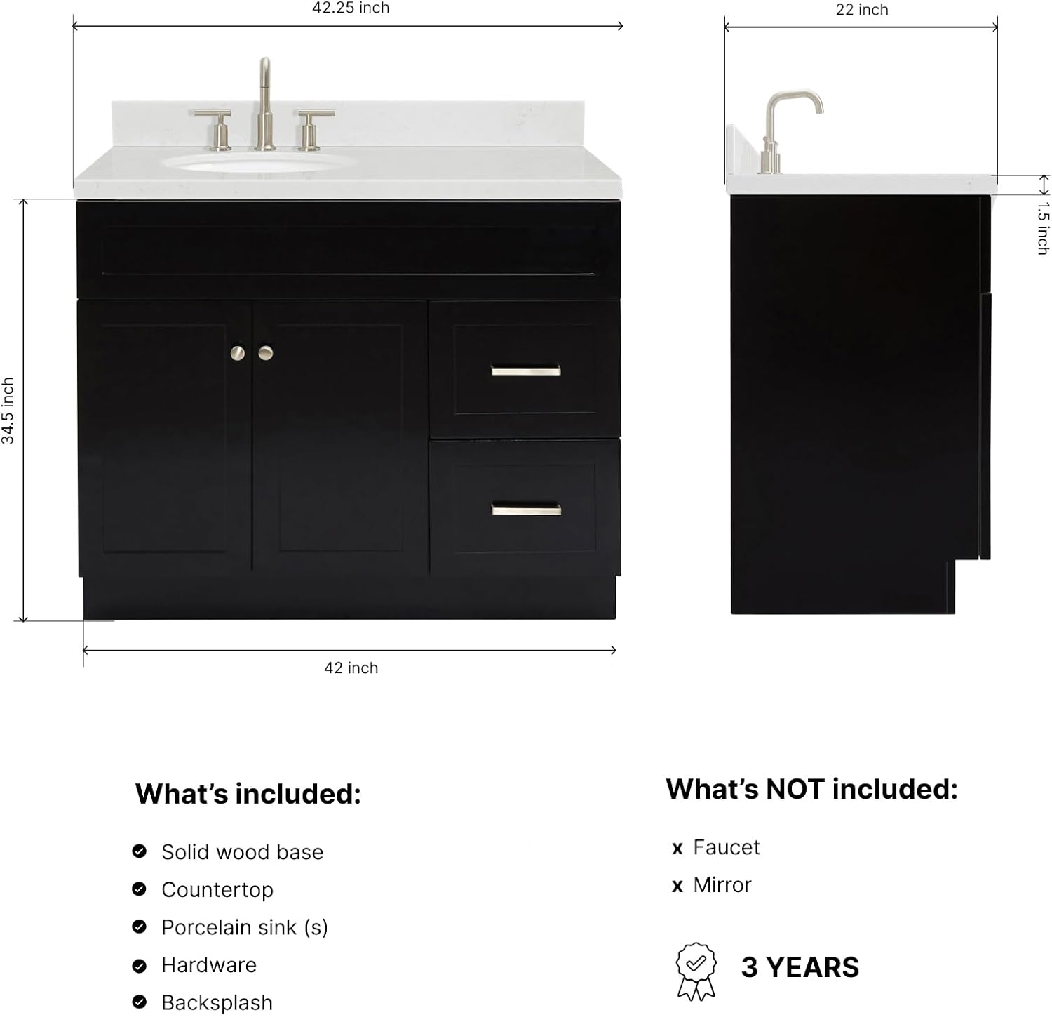 DKB Bradford 42' Black Bathroom Vanity with Sink, Oval Undermount, 1.5' Carrara Quartz Countertop, Solid Wood Frame, 2 Soft-Closing Doors, 2 Full Extension Drawers, Brushed Nickel