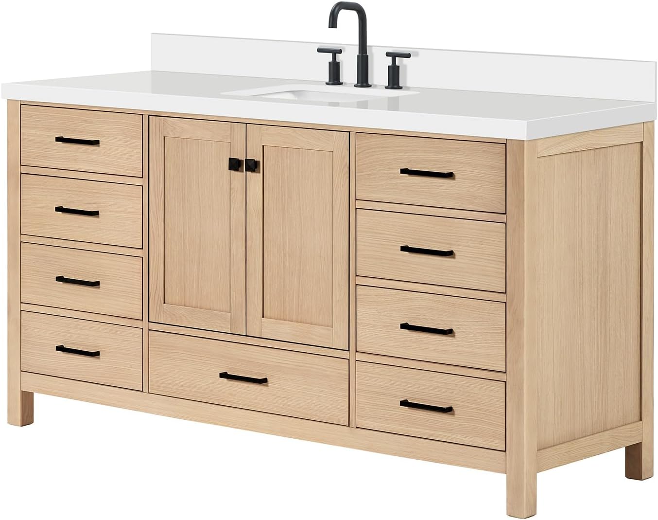 ARIEL Cambridge 66-inch Bathroom Vanity with Sink,Solid Wood, 1.5-inch Pure White Quartz Countertop, Single Rectangular Porcelain Sink, 2 Soft Closing Doors, 9 Dovetail Drawers, White Oak