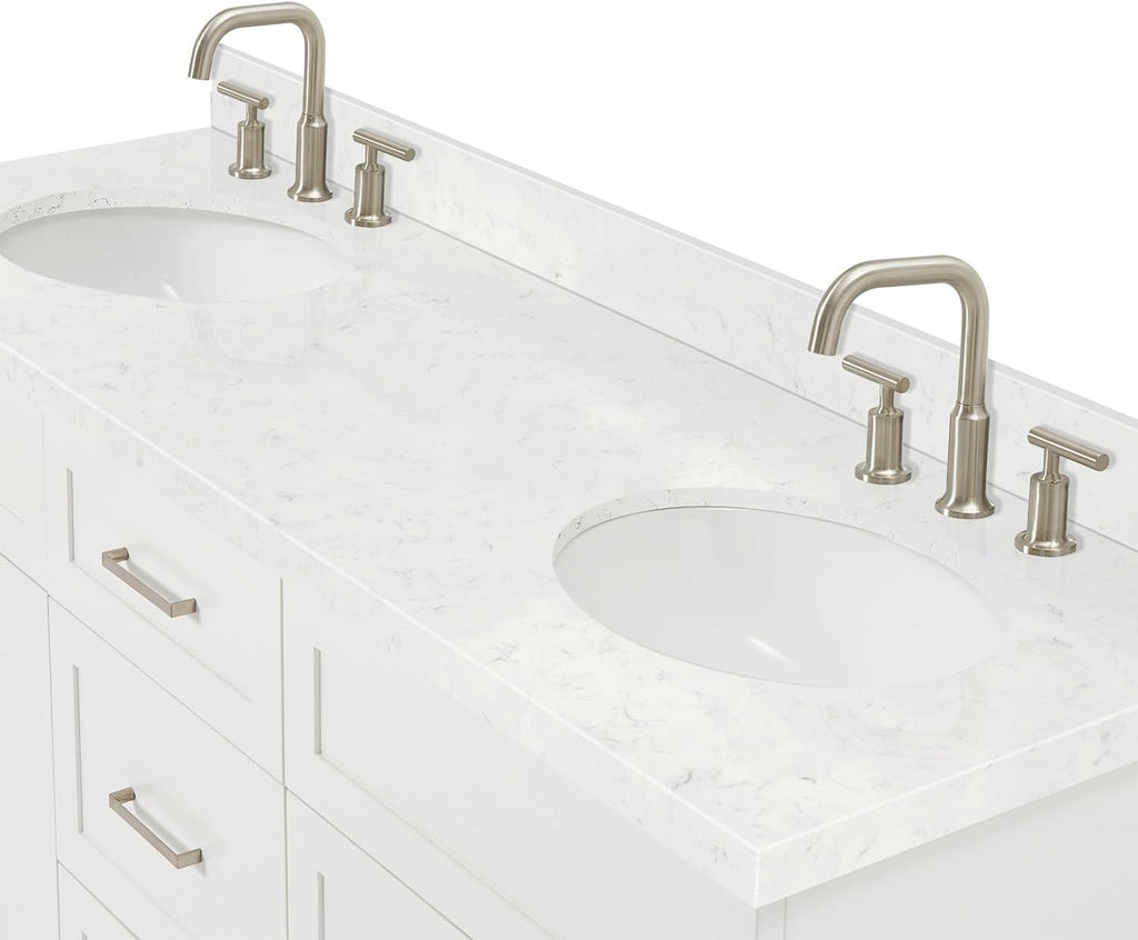 ARIEL Hamlet 66-inch Bathroom Vanity with Sink,Solid Wood, 1.5-inch Carrara White Quartz Countertop & Backsplash, Double Oval Porcelain Sink, 4 Soft Closing Doors, 3 Dovetail Drawers, White