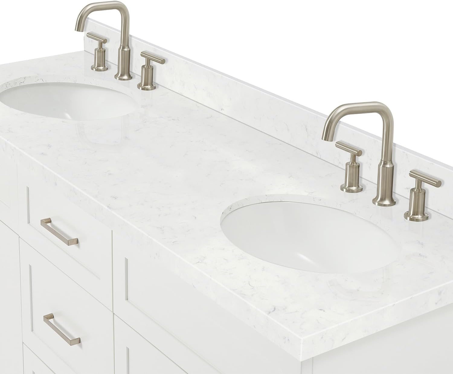 ARIEL Hamlet 66-inch Bathroom Vanity with Sink,Solid Wood, 1.5-inch Carrara White Quartz Countertop & Backsplash, Double Oval Porcelain Sink, 4 Soft Closing Doors, 3 Dovetail Drawers, White