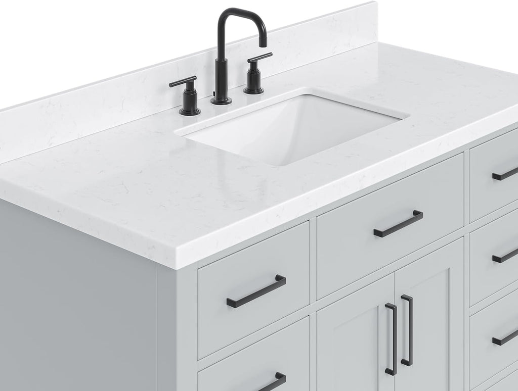 ARIEL Hepburn 48-inch Bathroom Vanity with Sink,Solid Wood, 1.5-inch Carrara White Quartz Countertop & Backsplash, Single Rectangular Porcelain Sink, 2 Soft Closing Doors, 9 Dovetail Drawers, Grey