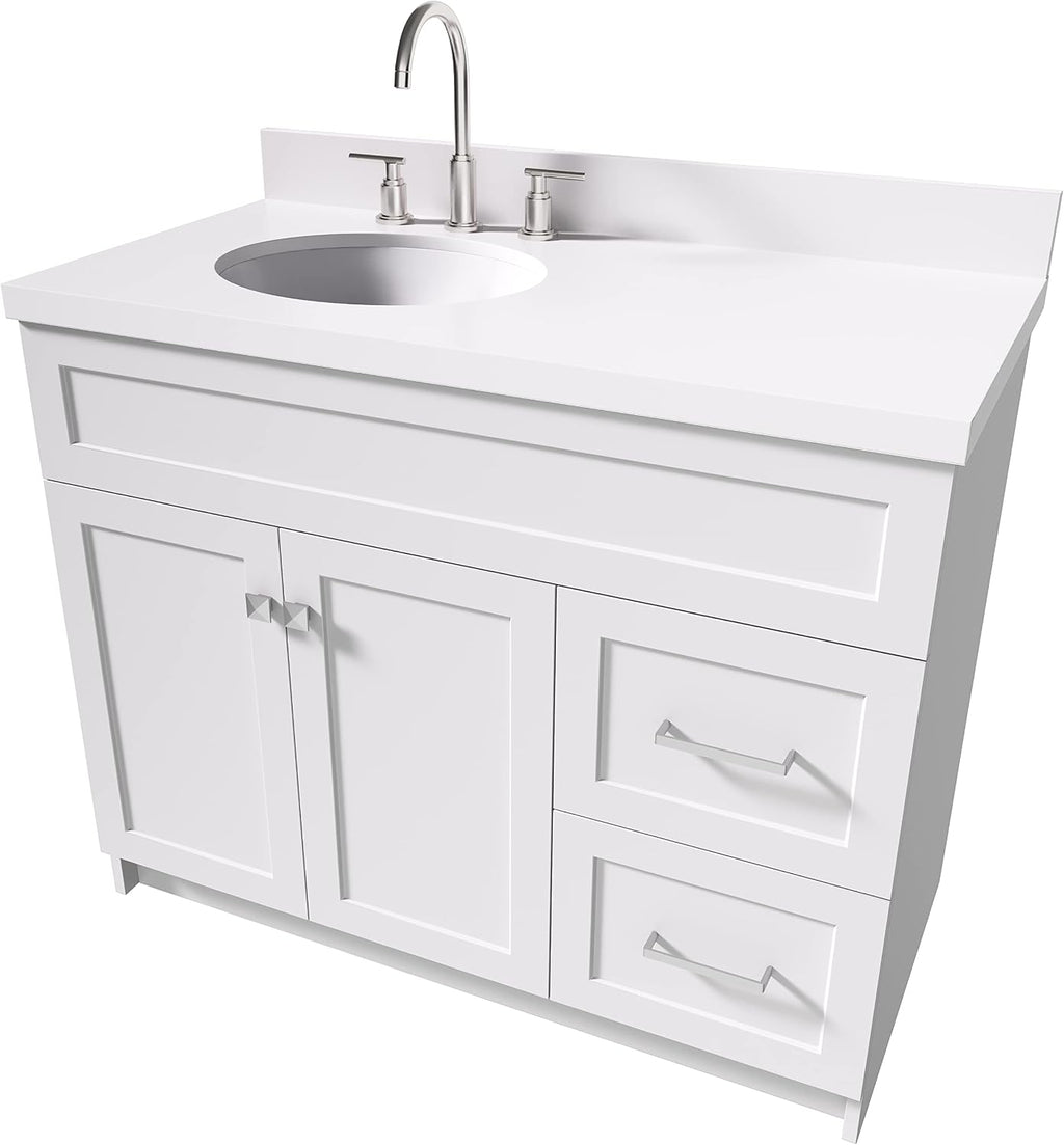 ARIEL Hamlet 43 in. Left Offset Oval Sink Vanity with 1.5' Inch White Quartz Countertop in White