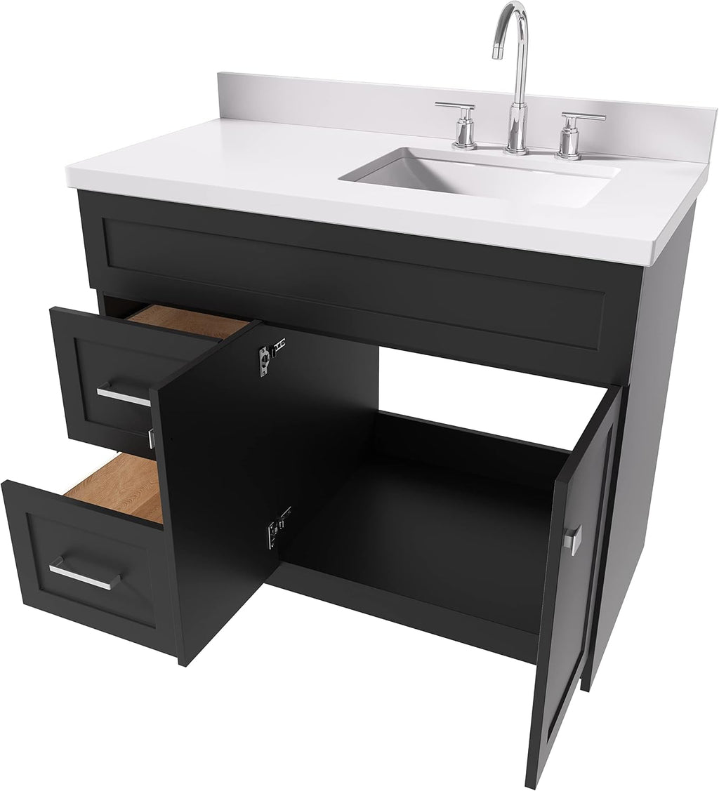 ARIEL 54' White Bathroom Vanity with Sink, 1.5' Thick Pure White Quartz Countertop, Undermount Rectangle Sink, 2 Soft Closing Doors & 4 Full Extension Dovetail Drawers, Satin Nickel