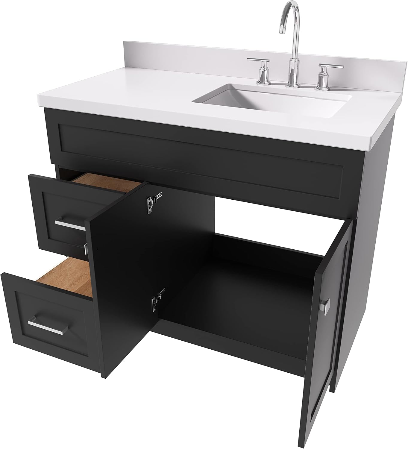 ARIEL 54' White Bathroom Vanity with Sink, 1.5' Thick Pure White Quartz Countertop, Undermount Rectangle Sink, 2 Soft Closing Doors & 4 Full Extension Dovetail Drawers, Satin Nickel
