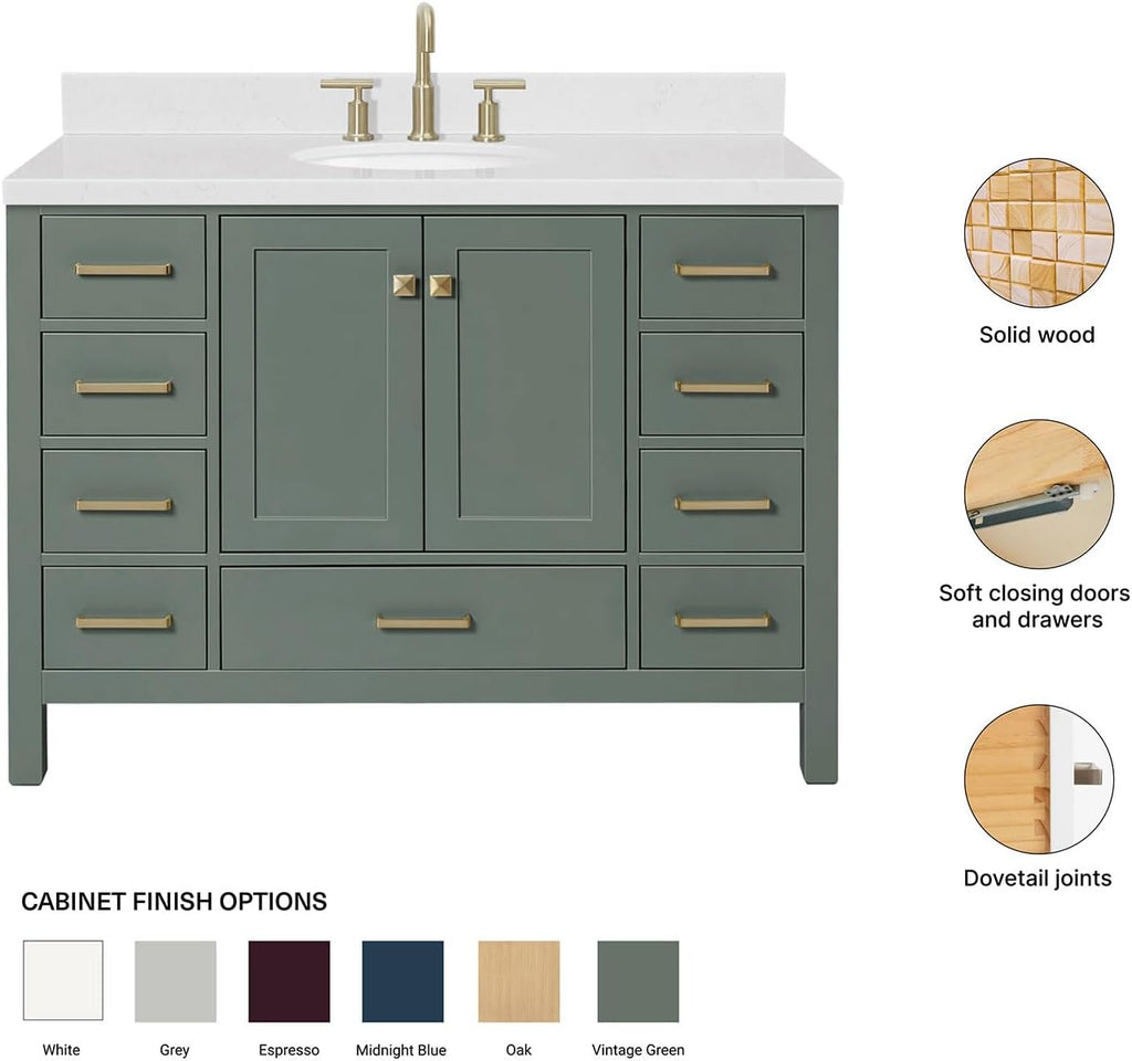 ARIEL Cambridge 48-inch Bathroom Vanity with Sink,Solid Wood, 1.5-inch Carrara White Quartz Countertop, Single Oval Porcelain Sink, 2 Soft Closing Doors, 9 Dovetail Drawers, Vintage Green