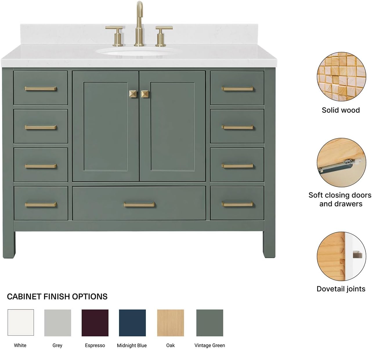 ARIEL Cambridge 48-inch Bathroom Vanity with Sink,Solid Wood, 1.5-inch Carrara White Quartz Countertop, Single Oval Porcelain Sink, 2 Soft Closing Doors, 9 Dovetail Drawers, Vintage Green