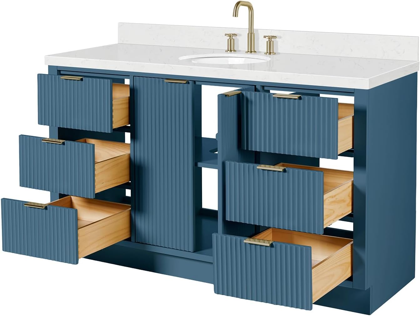 ARIEL Milan 60-inch Bathroom Vanity with Sink,Solid Wood, 1.5-inch Carrara White Quartz Countertop, Single Oval Porcelain Sink, Soft Closing Doors, Dovetail Drawers, Vintage Blue