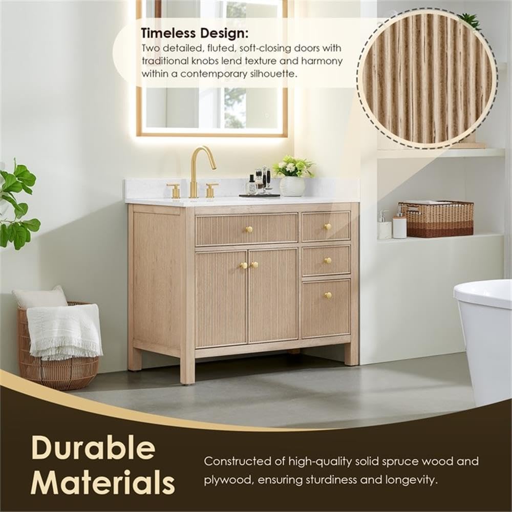 Pemberly Row 42' Wood Bathroom Vanity, Natural Oak Finish, Stone Top, Fluted 2-Door Design, 4 Drawers, Ceramic Sink, Pre-Drilled Faucet Holes, Contemporary Style, Storage for Bathroom Essentials