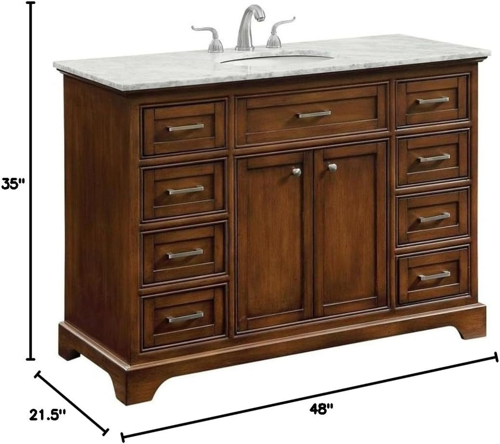 Pemberly Row Contemporary 48' Wood Single Bathroom Vanity, Brown Teak Finish, Italian Carrara Marble Top, Oval Porcelain Undermount Sink, Free-Standing Design, 8 Drawers, 2 Doors, Bathroom Essential