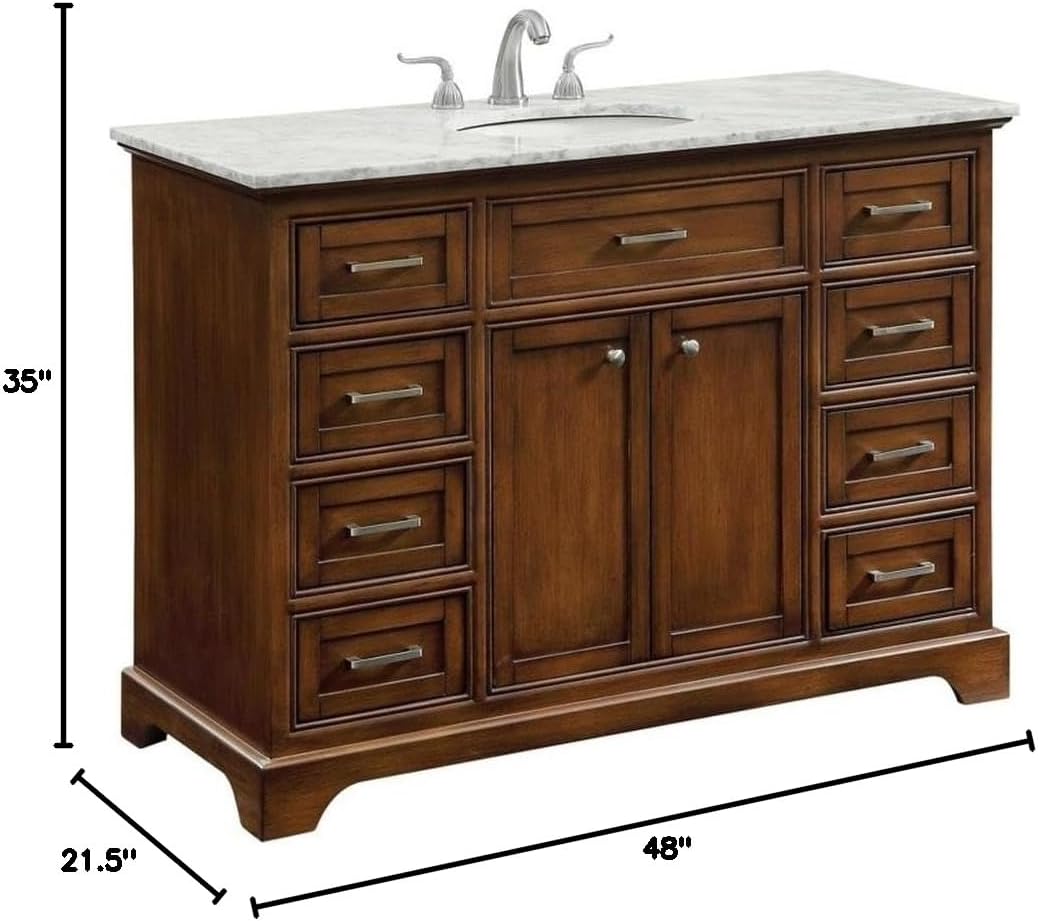 Pemberly Row Contemporary 48' Wood Single Bathroom Vanity, Brown Teak Finish, Italian Carrara Marble Top, Oval Porcelain Undermount Sink, Free-Standing Design, 8 Drawers, 2 Doors, Bathroom Essential