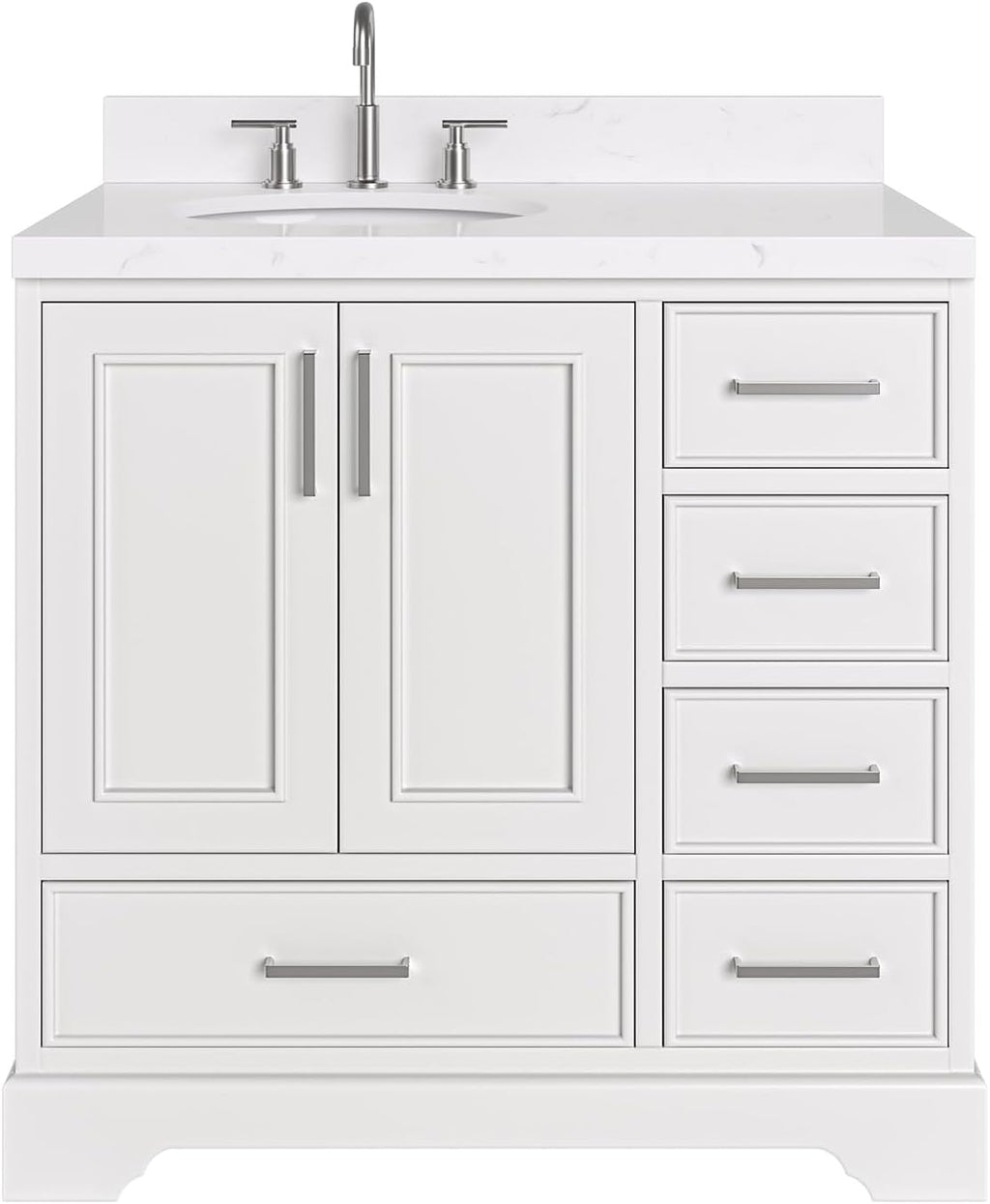 ARIEL Stafford 36-inch Bathroom Vanity with Sink,Solid Wood, 1.5-inch Carrara White Quartz Countertop & Backsplash, Single Oval Porcelain Sink, 2 Soft Closing Doors, 5 Dovetail Drawers, White