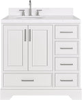 ARIEL Stafford 36-inch Bathroom Vanity with Sink,Solid Wood, 1.5-inch Carrara White Quartz Countertop & Backsplash, Single Oval Porcelain Sink, 2 Soft Closing Doors, 5 Dovetail Drawers, White