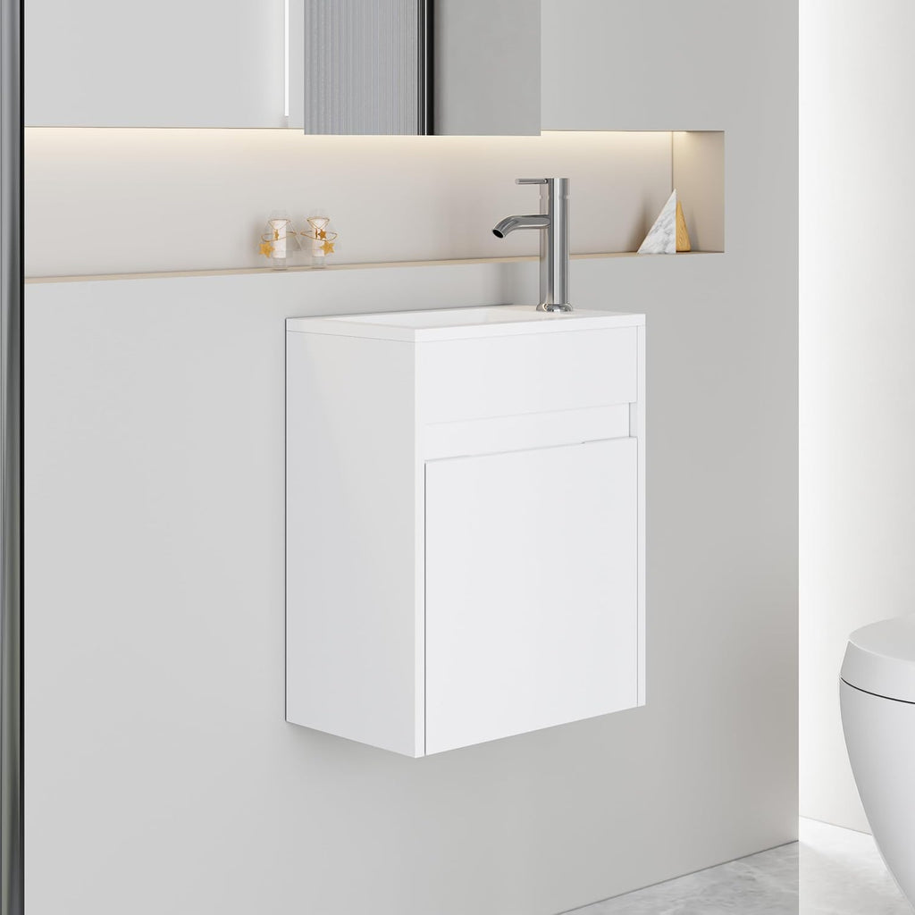 eclife 16' Small Bathroom Vanity Sink Combo, Modern Painted Wall Mounted Floating Cabinet W/Resin Basin Sink Top, Chrome Water Save Faucet & Pop Up Drain (White)