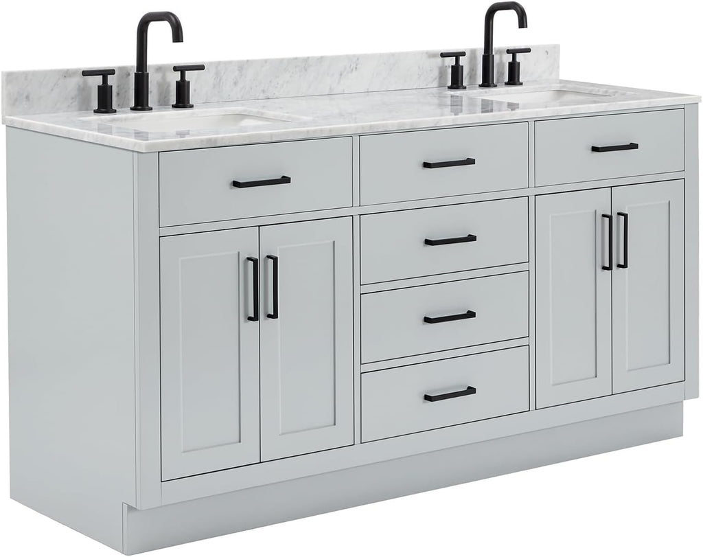 ARIEL Hepburn 66-inch Bathroom Vanity with Sink,Solid Wood, 0.75-inch Italian Carrara Marble Countertop, Double Rectangular Porcelain Sink, 4 Soft Closing Doors, 6 Dovetail Drawers, Grey