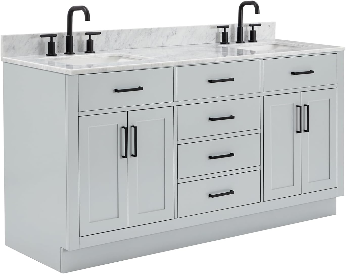 ARIEL Hepburn 66-inch Bathroom Vanity with Sink,Solid Wood, 0.75-inch Italian Carrara Marble Countertop, Double Rectangular Porcelain Sink, 4 Soft Closing Doors, 6 Dovetail Drawers, Grey