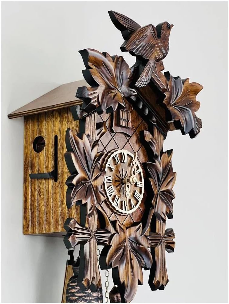 Eight Day Cuckoo Clock with Five Hand-Carved Maple Leaves and One Bird