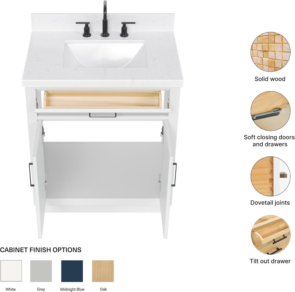 ARIEL Hepburn 30-inch Bathroom Vanity with Sink,Solid Wood, 1.5-inch Carrara White Quartz Countertop & Backsplash, Single Rectangular Porcelain Sink, 2 Soft Closing Doors, 1 Dovetail Drawers, White