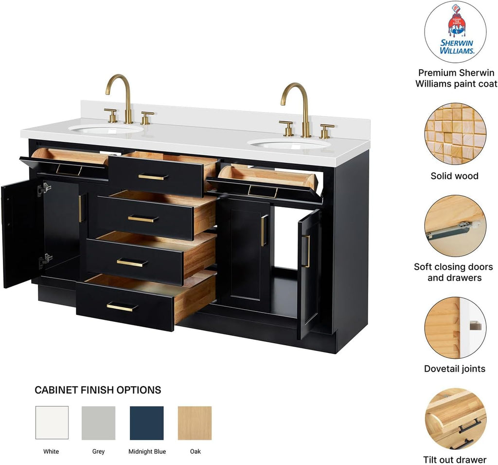 DKB Isabella 66-Inch Black Double Bathroom Vanity with Oval Sinks, 1.5-Inch Pure White Quartz Countertop & 4-Inch Backsplash, Solid Wood Frame, Soft-Close Drawers